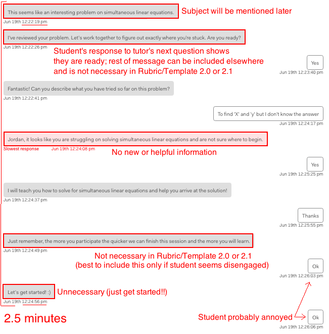 Unnecessary messages highlighted in red; explanations in red text